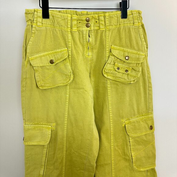 FREE PEOPLE Tahiti Herringbone Cargo Pants in Citronelle Size Small - Picture 4 of 11